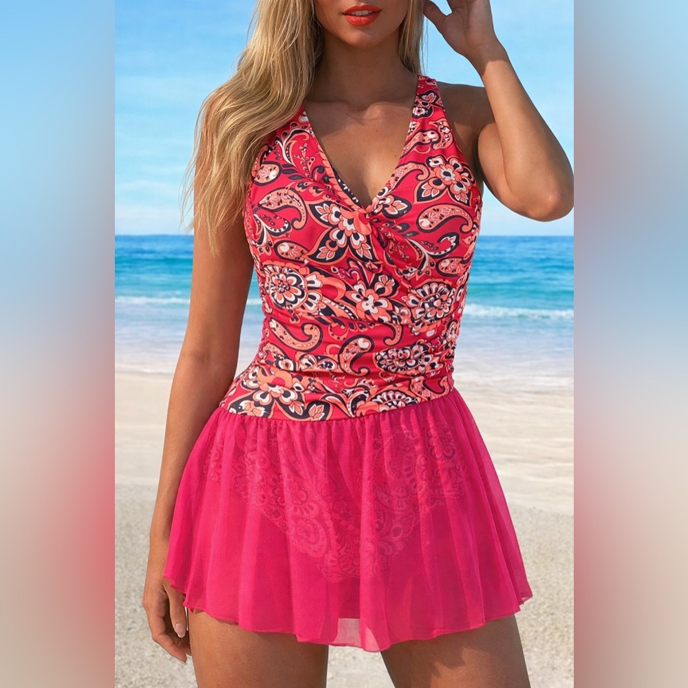 NEW 1 Piece Swim Dress, Pink and Orange Paisley -  #SW-D1-0002